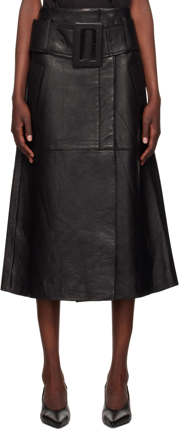 REMAIN Birger Christensen Black Bonded Leather Midi Skirt