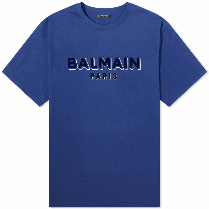 Photo: Balmain Men's Flock Logo T-Shirt in Blue/Navy/Silver
