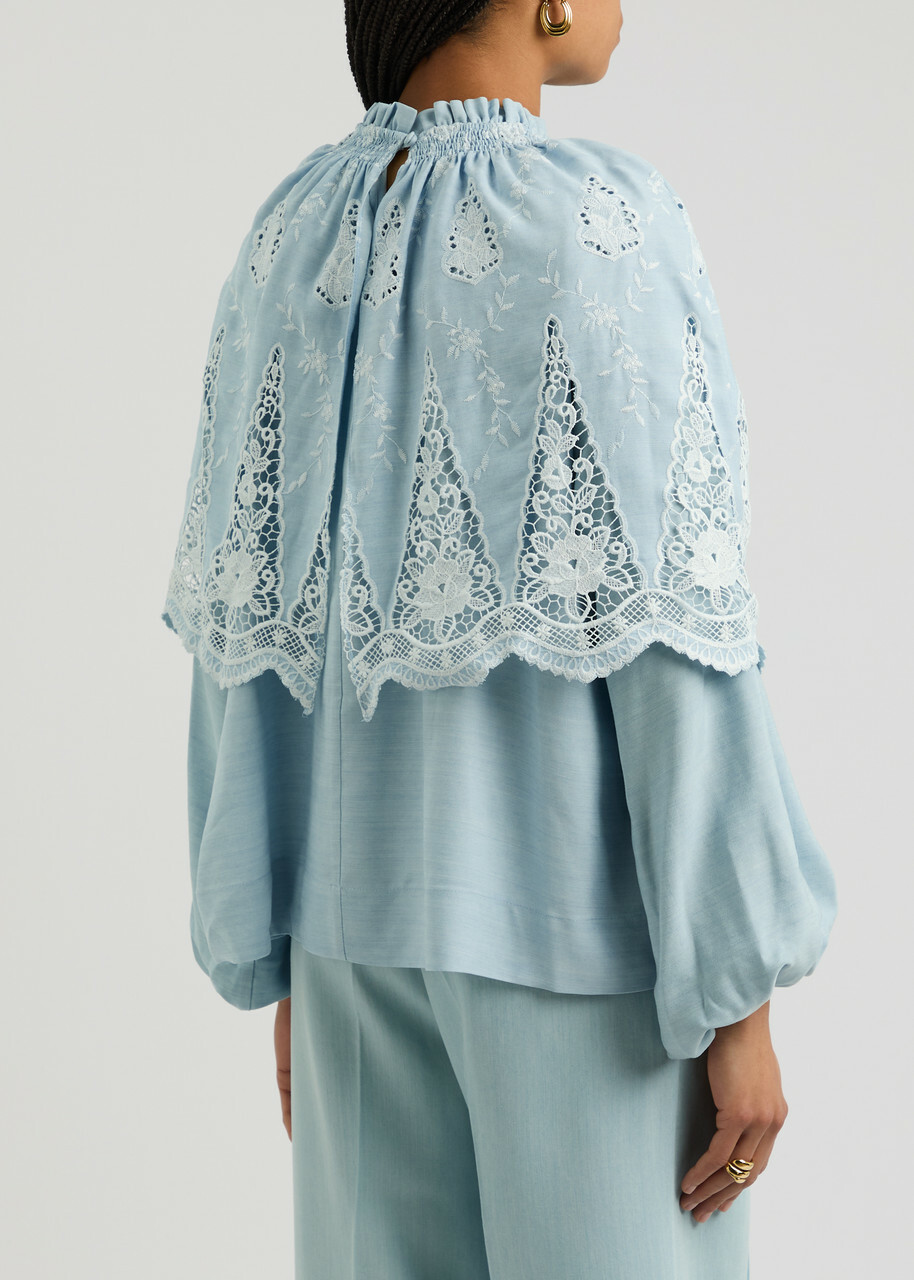 Lug Von Siga Artemis Broderie Anglaise Woven Cape Blouse Light Blue