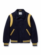 Golden Bear - Striped Leather-Trimmed Padded Wool-Blend Felt Varsity Jacket - Blue