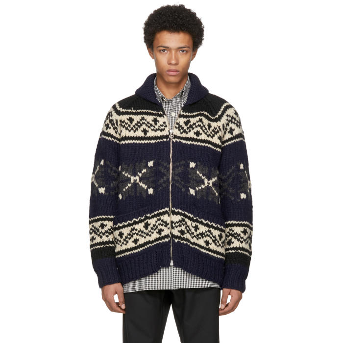 Photo: Junya Watanabe Navy and Grey Wool Roving Zip Sweater 