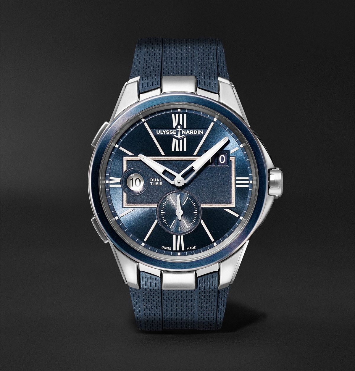 Photo: Ulysse Nardin - Dual Time Automatic 42mm Stainless Steel and Rubber Watch, Ref. No. 243-20-3/43 - Blue