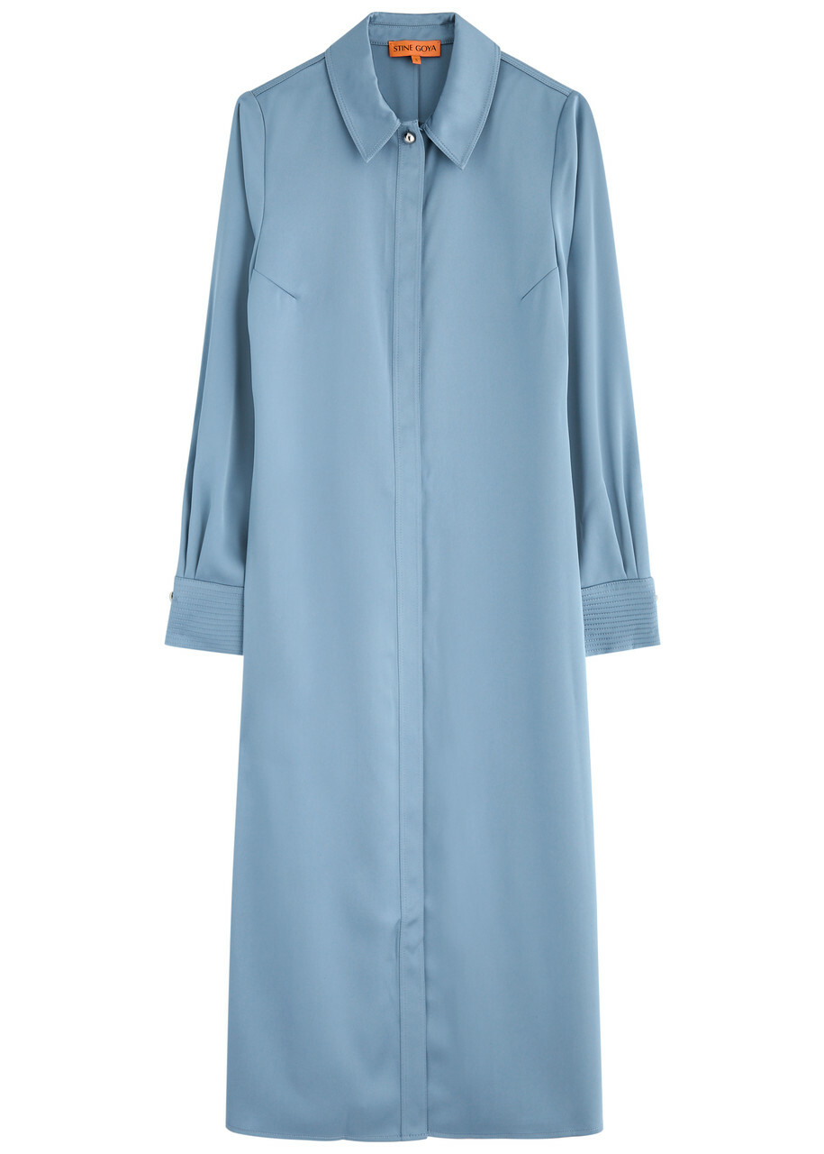 Stine Goya Satin Midi Shirt Dress Blue