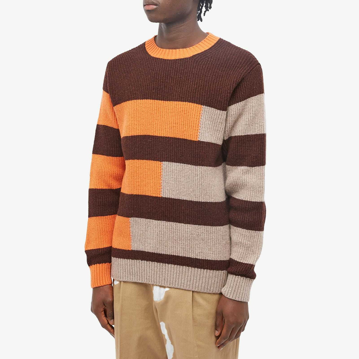 Country Of Origin Men's Stepped Stripe Crew Knit in Raisin/Mushroom/Turmeric
