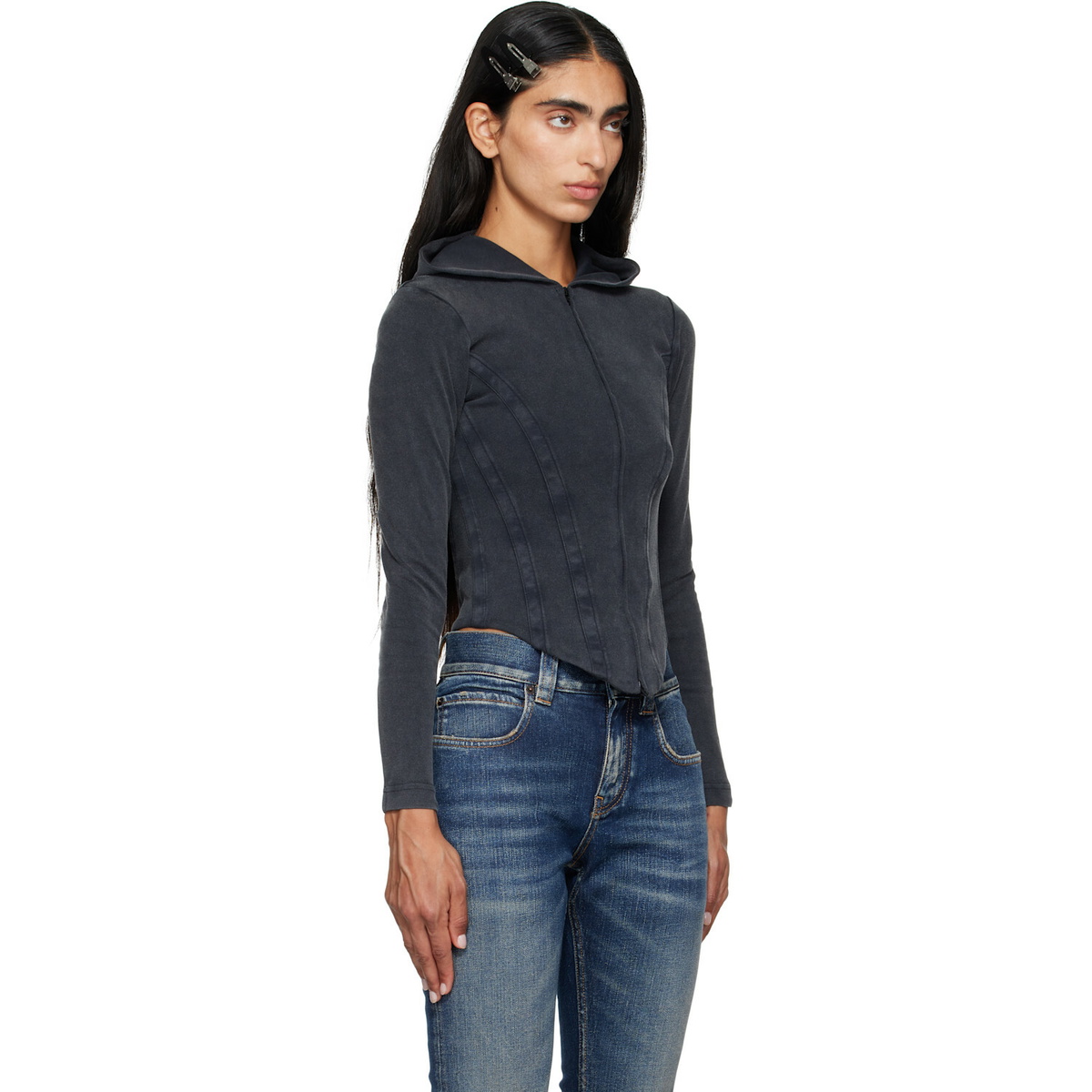 Balenciaga Black Corseted Zip Interlock Stretch Jersey Hoodie