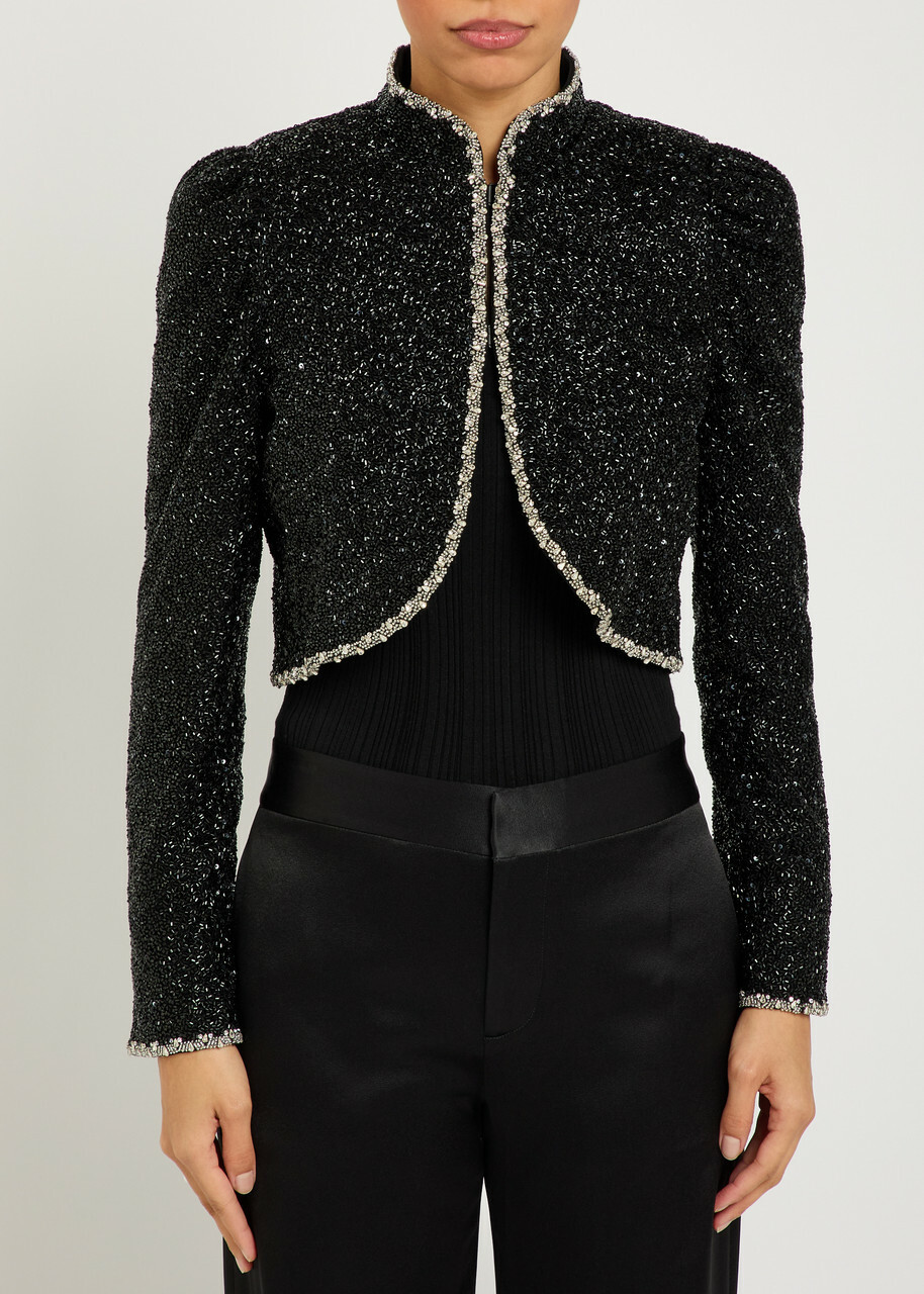 Alice + Olivia Ilaria Embellished Crepe Cropped Jacket Black