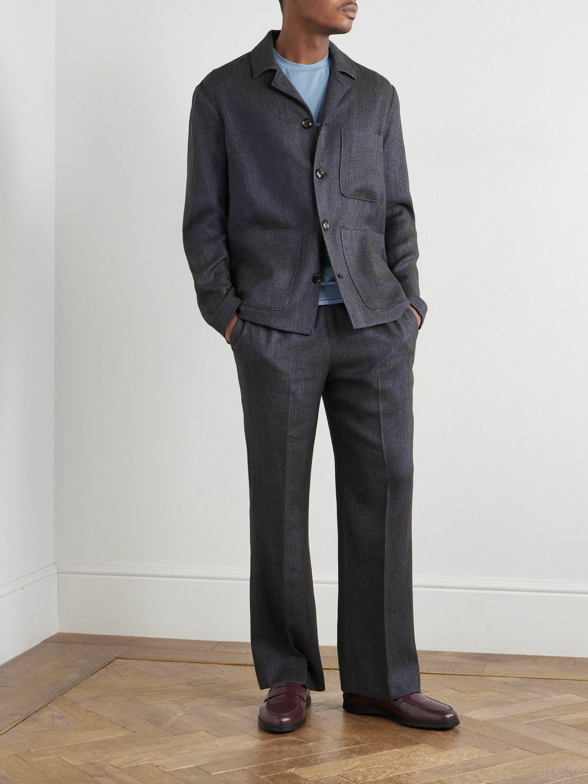 PIACENZA 1733 - Herringbone Wool, Linen and Cashmere-Blend Overshirt - Blue