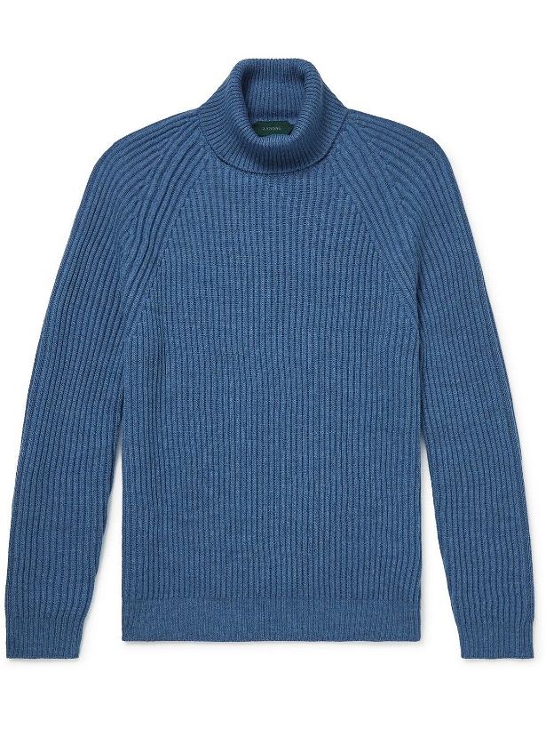 Photo: Incotex - Slim-Fit Ribbed Virgin-Wool Rollneck Sweater - Blue