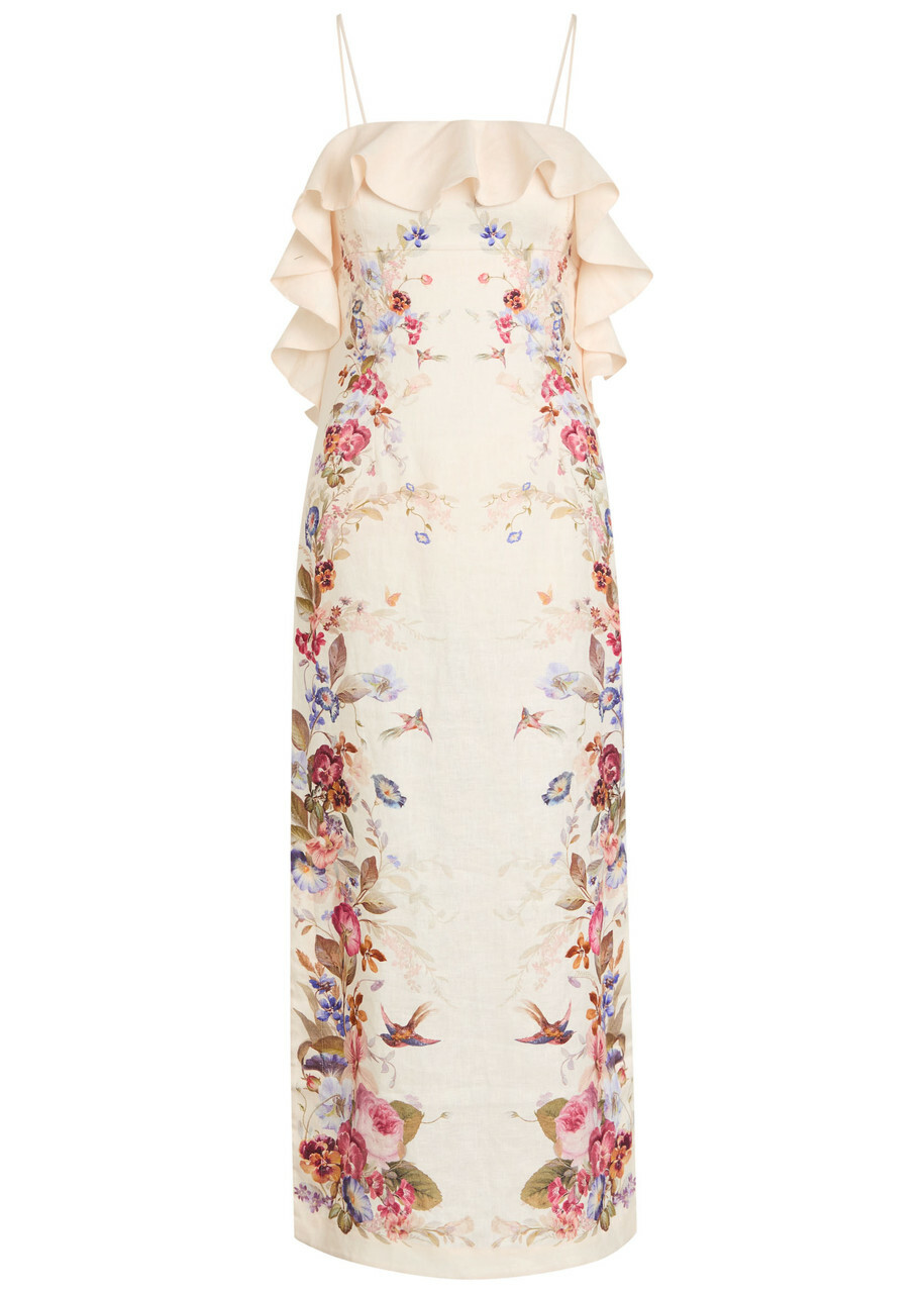 Zimmermann Patience Ruffled Floral Linen Midi Dress Cream