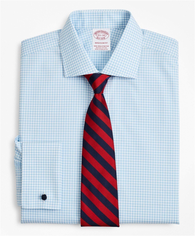 Photo: Brooks Brothers Men's Stretch Madison Relaxed-Fit Dress Shirt, Non-Iron Poplin English Collar French Cuff Gingham | Light Blue