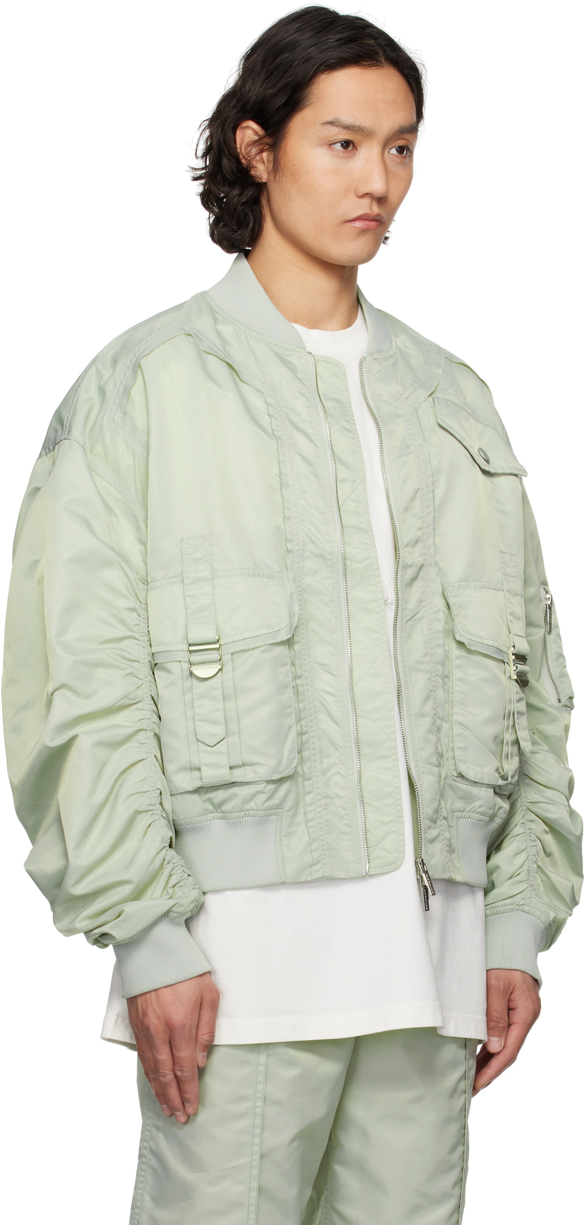 Feng Chen Wang Green Nylon Utility Bomber Jacket