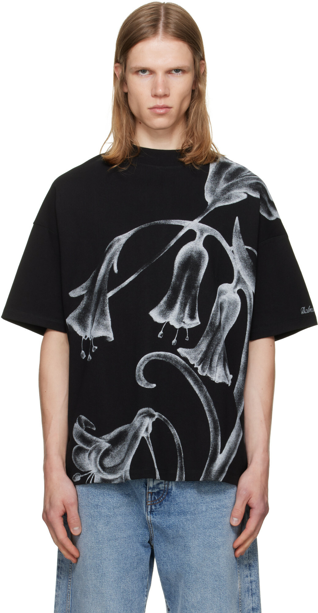 BALMAIN Black Printed 'Balmain Flower' T-shirt