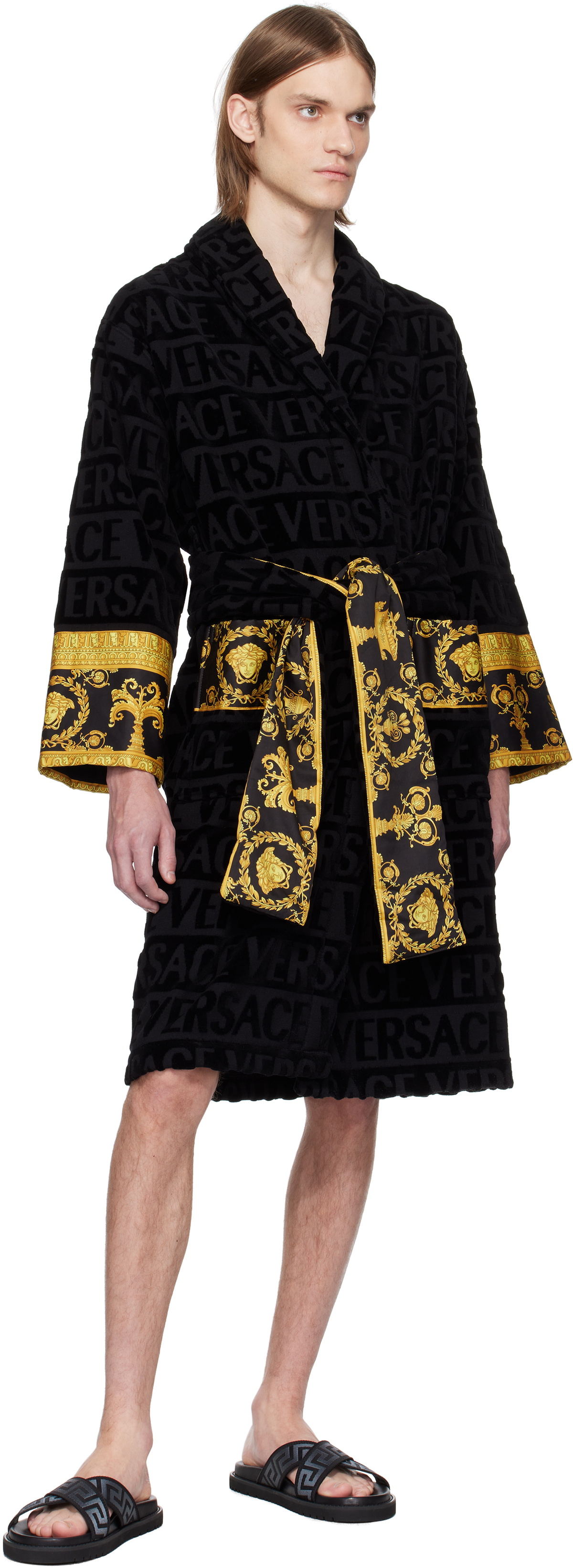 Versace Black Greek Ribbon Sandals