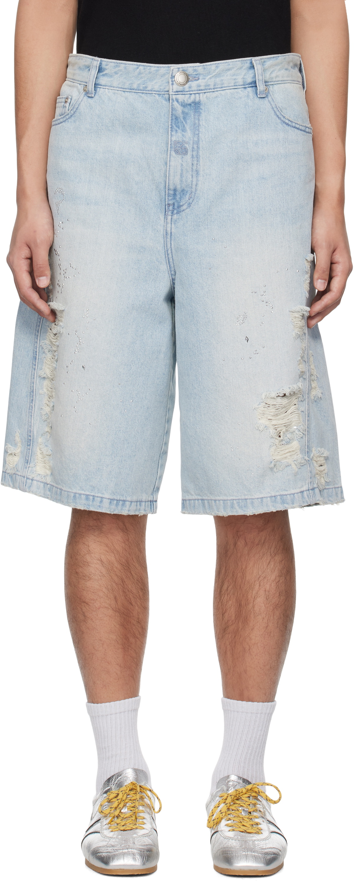 [Lesugiatelier] レズギアトリエ ショーツ Shorts lesugiatelier Blue Crystal Embellished Ripped Denim Shorts