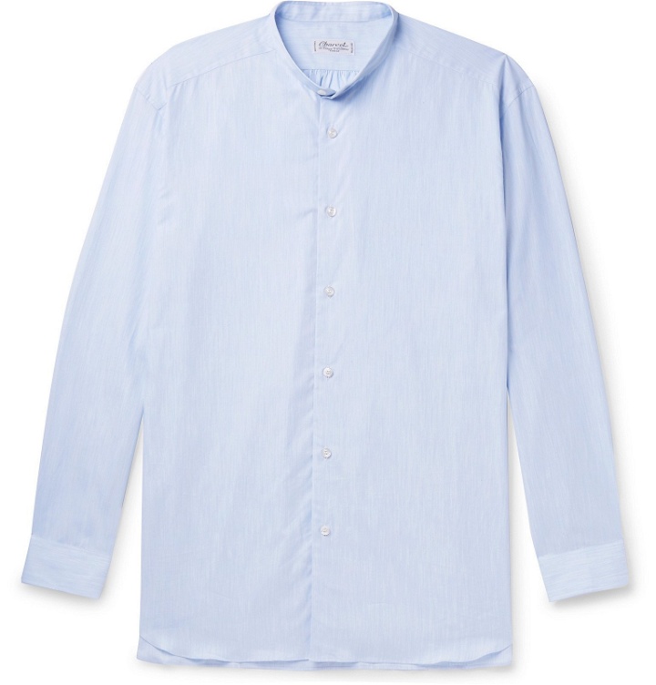Photo: Charvet - Grandad-Collar Mélange Cotton-Poplin Shirt - Blue