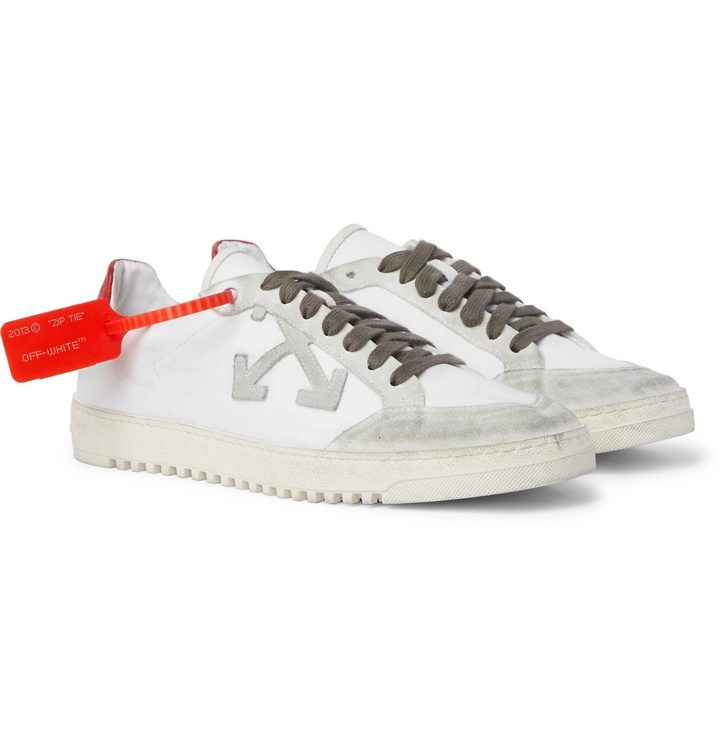 Photo: Off-White - 2.0 Distressed Suede and Leather-Trimmed Canvas Sneakers - White