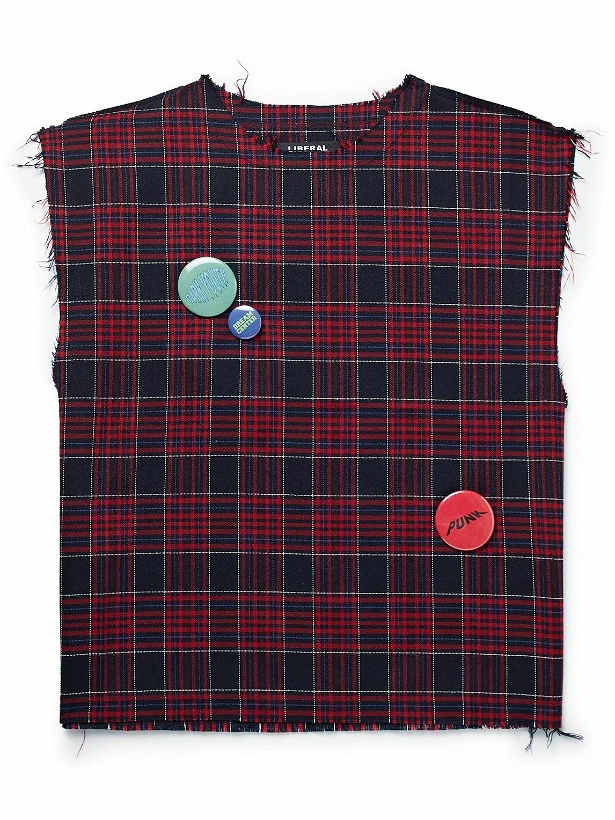 Photo: Liberal Youth Ministry - Embellished Sleeveless Checked Woven T-Shirt - Red