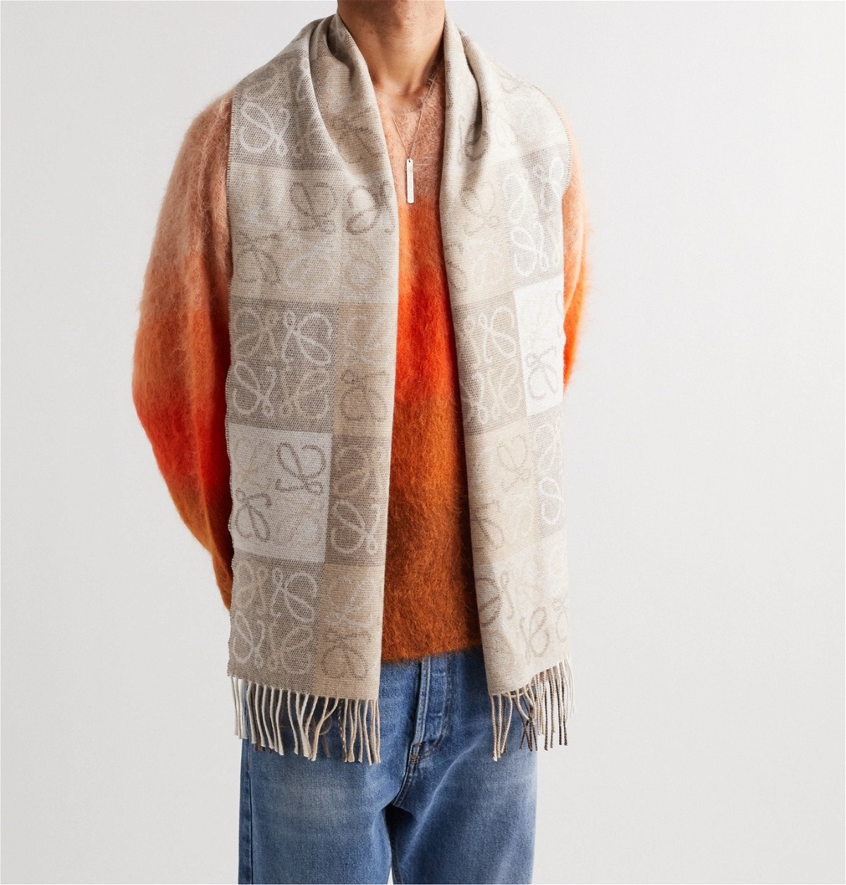 Fringed intarsia wool and cashmere-blend scarf