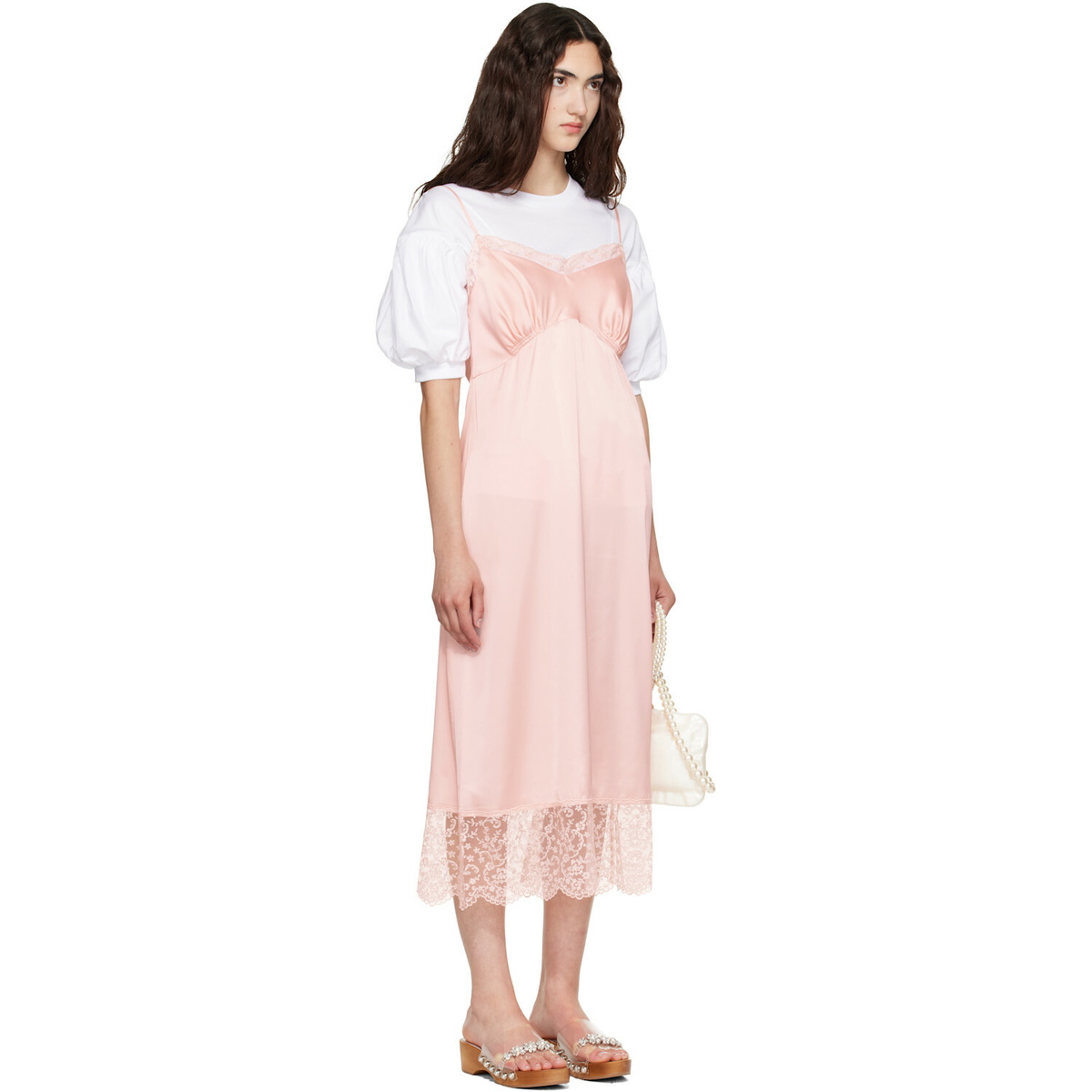 Simone Rocha Pink Lace Trim Slip Midi Dress
