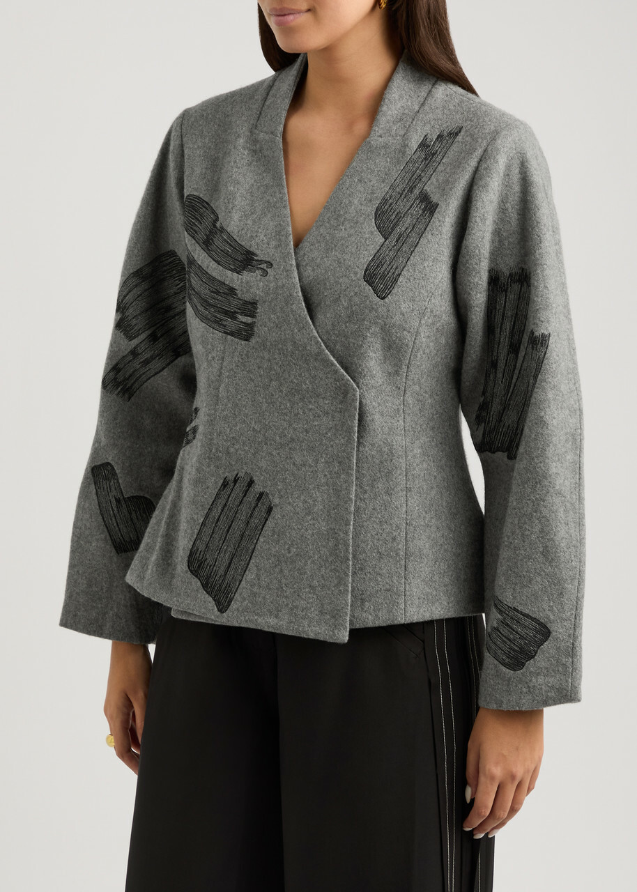 Lovebirds Printed Wool Wrap Jacket Grey