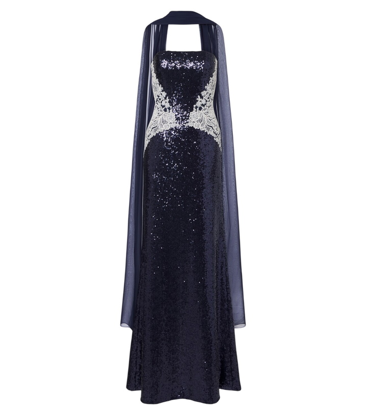 Photo: Costarellos Scarf-detail sequined bustier gown