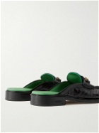 VINNY's - Suede-Trimmed Croc-Effect Leather Backless Loafers - Black