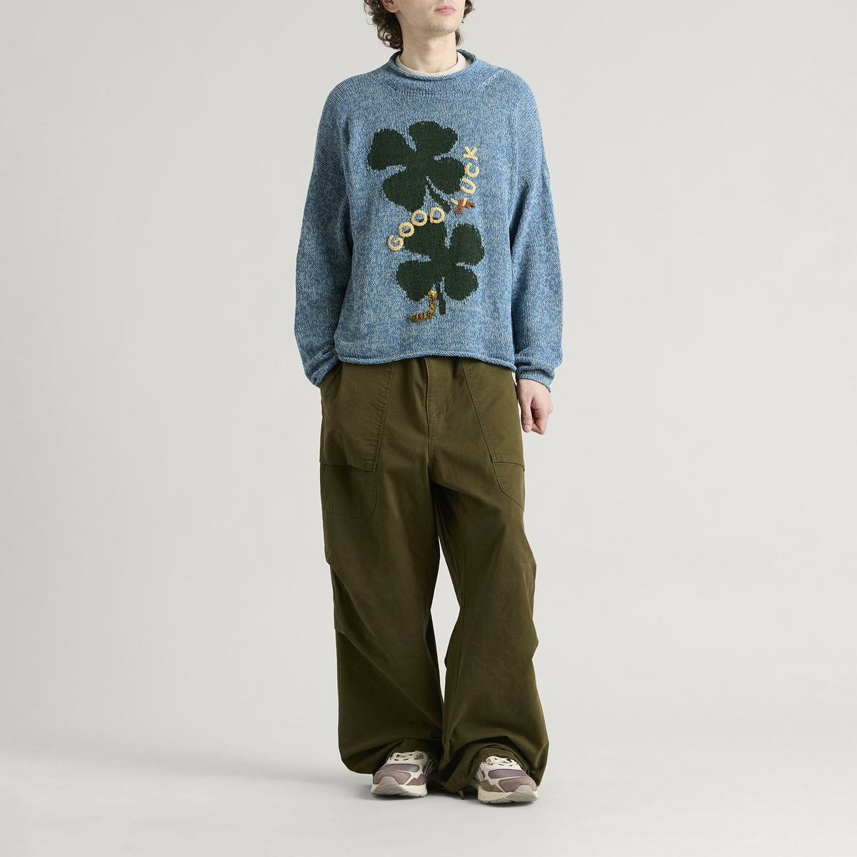 Story mfg. Men's Hand Knit Twinsun Roll Neck in Twisted Indigo Luck