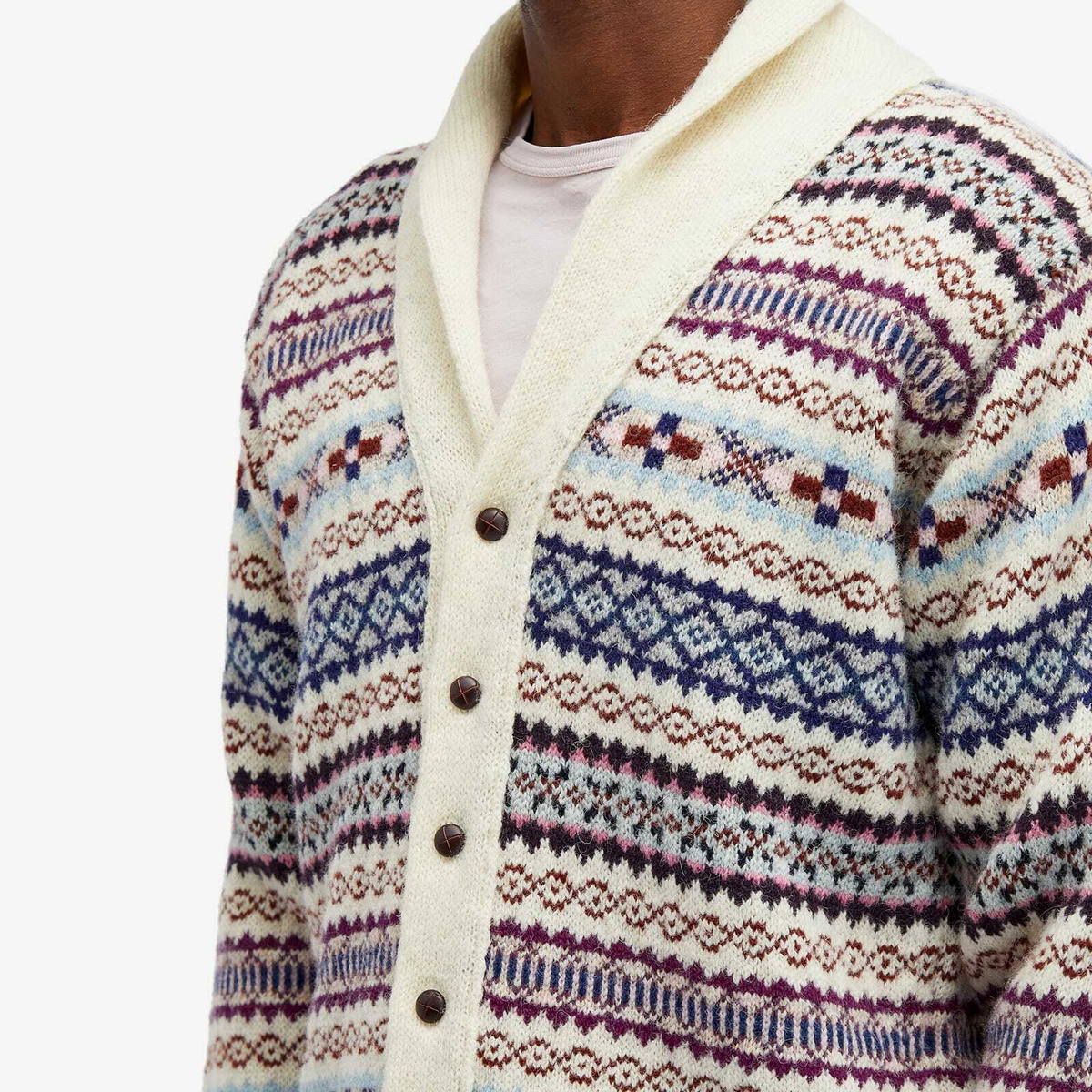 Jamieson's of Shetland Men's Fair Isle Shawl Collar Cardigan in Ecru