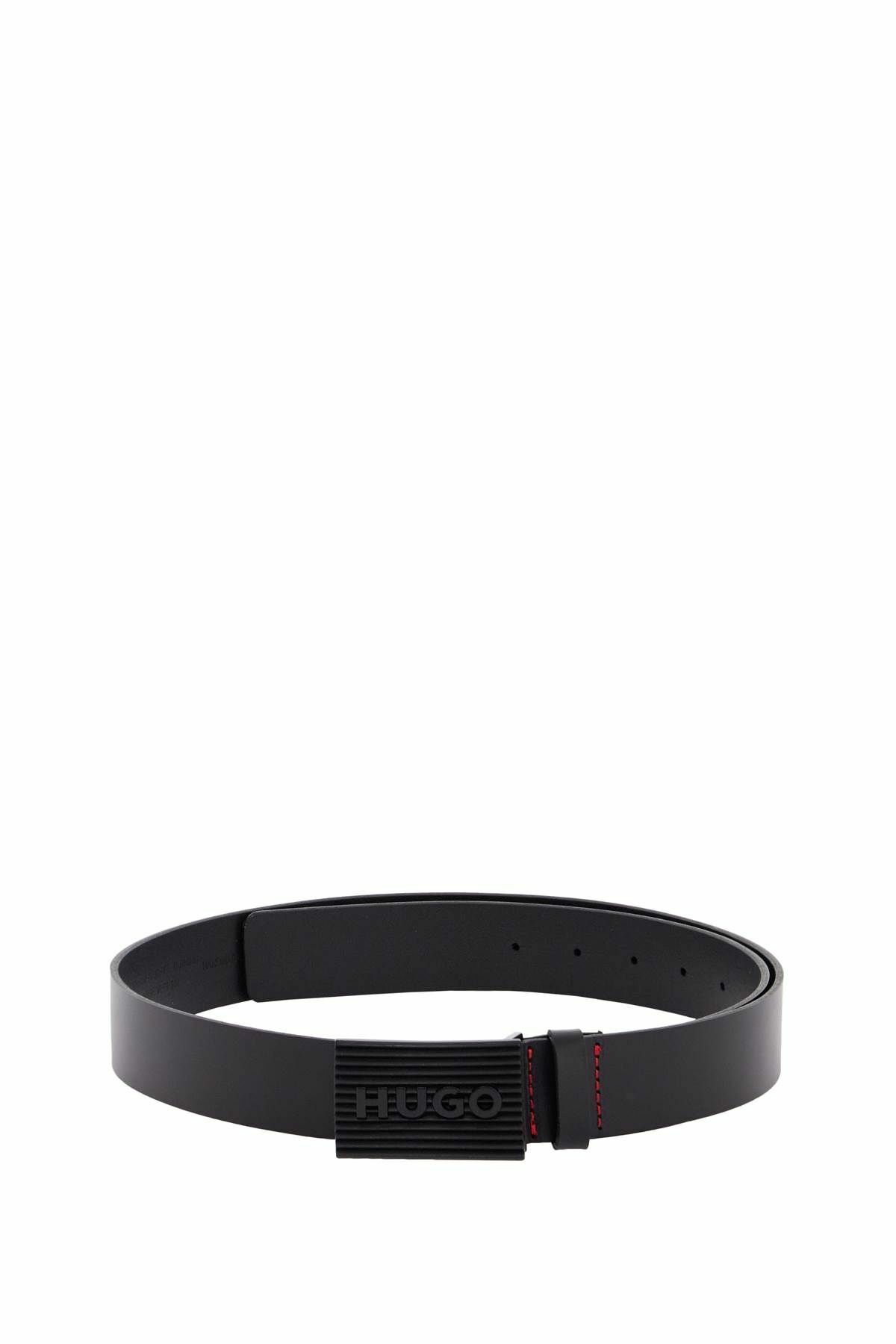 HUGO elegant black leather belt for men with logo buckle and red ...