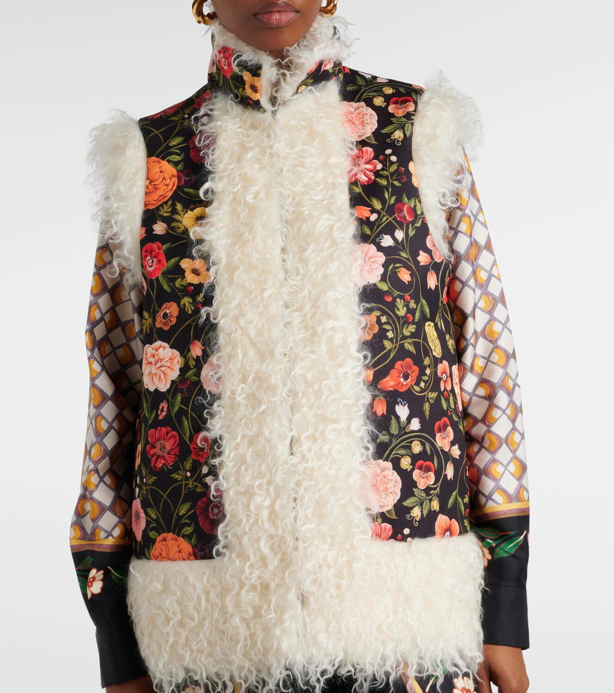 La DoubleJ Folk floral faux fur-trimmed vest