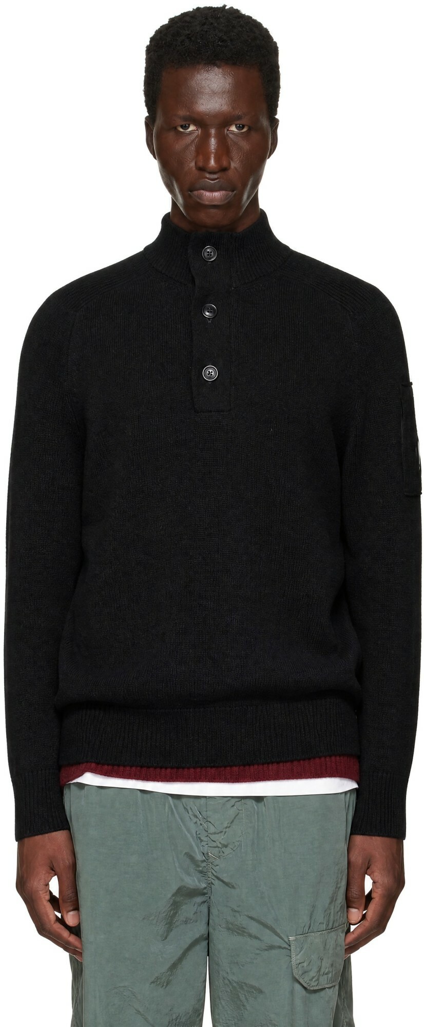 C.P. Company Black Lambswool GRS Half Button Sweater