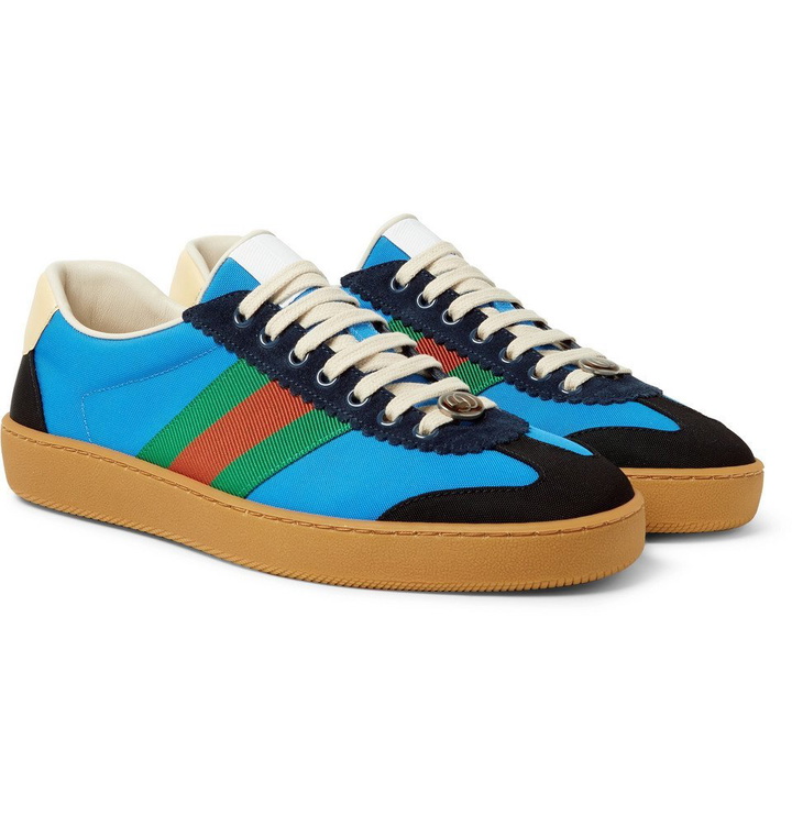 Photo: Gucci - JBG Webbing, Suede and Leather-Trimmed Nylon Sneakers - Men - Light blue