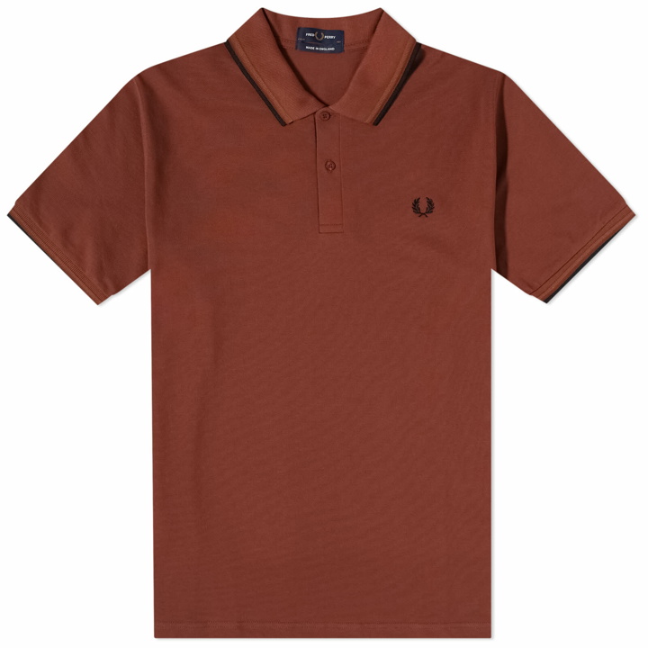 Photo: Fred Perry Men's Twin Tipped Polo Shirt - Made in England in Whisky Brown/Dark Varamel/Black