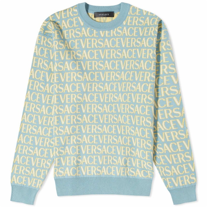 Photo: Versace Men's All Over Logo Crew Knit in Light Blue