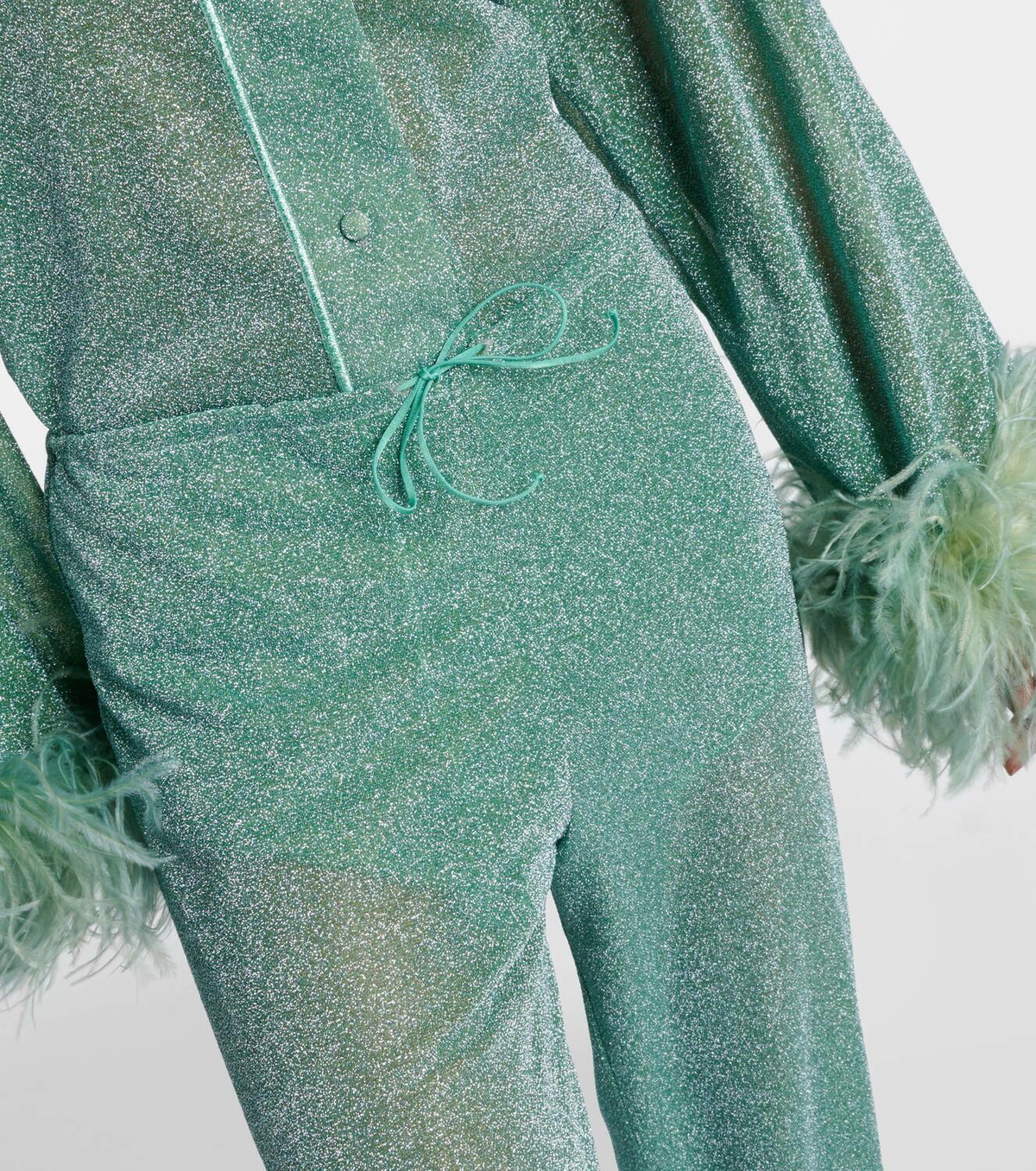 Oséree Lumière Plumage feather-trimmed lamé pants Oseree