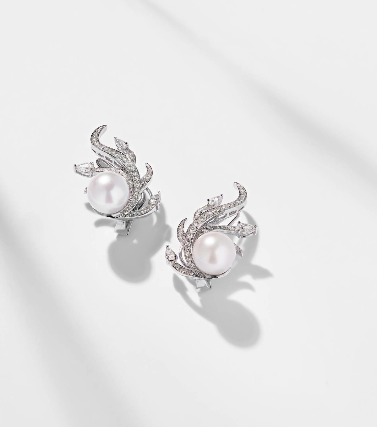 Yeprem 18kt white gold clip-on earrings with diamonds and freshwater pearls