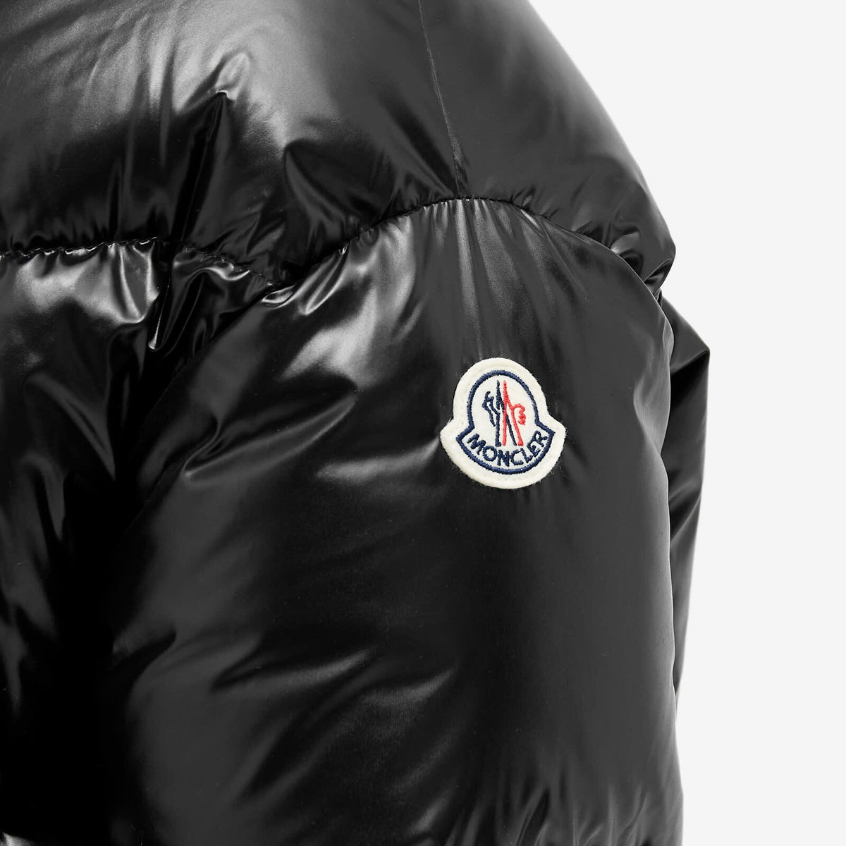 Moncler Women's Huppe Logo Neck Padded Jacket in Black Moncler Moncler Women's Huppe Logo Neck Padded Jacket in Black Moncler