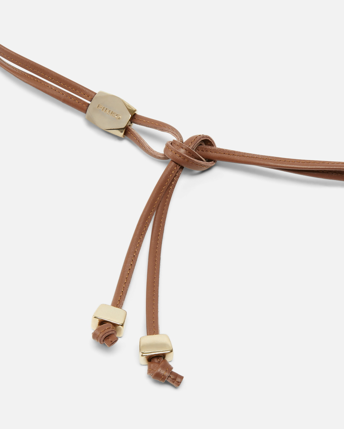 Pinko Tubular Leather Belt With Golden Metal Nuggets Lion Brown   Brushed Gold