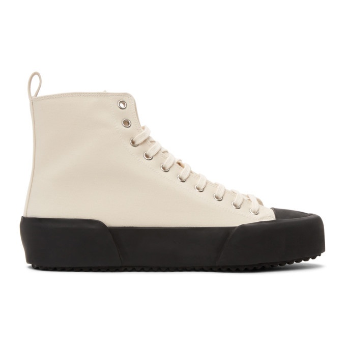 Photo: Jil Sander Off-White and Black Canvas High-Top Sneakers