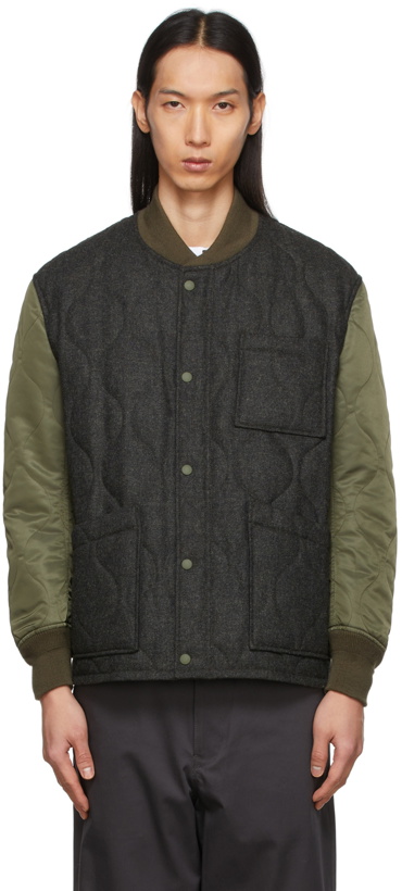 Photo: Comme des Garçons Homme Khaki & Grey Wool Milled Quilted Line Bomber Jacket