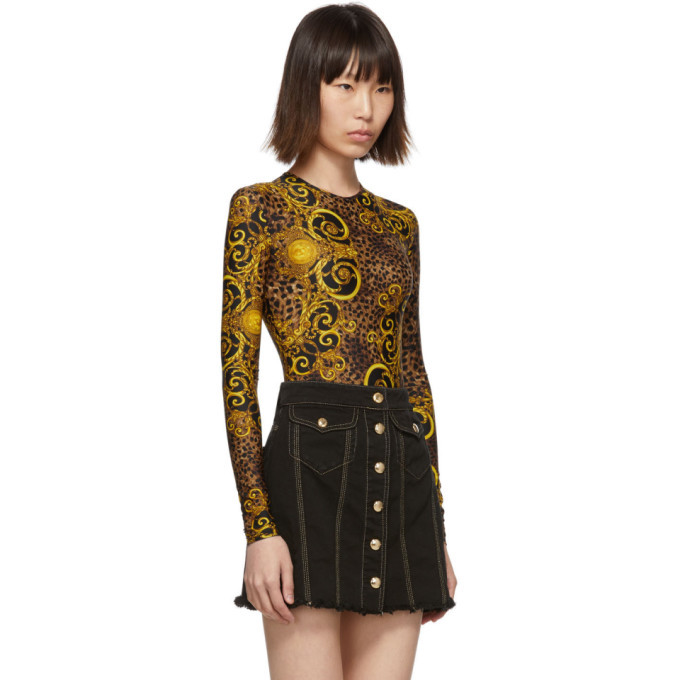 Versace Jeans Couture Brown and Yellow Leopard Baroque Bodysuit Versace