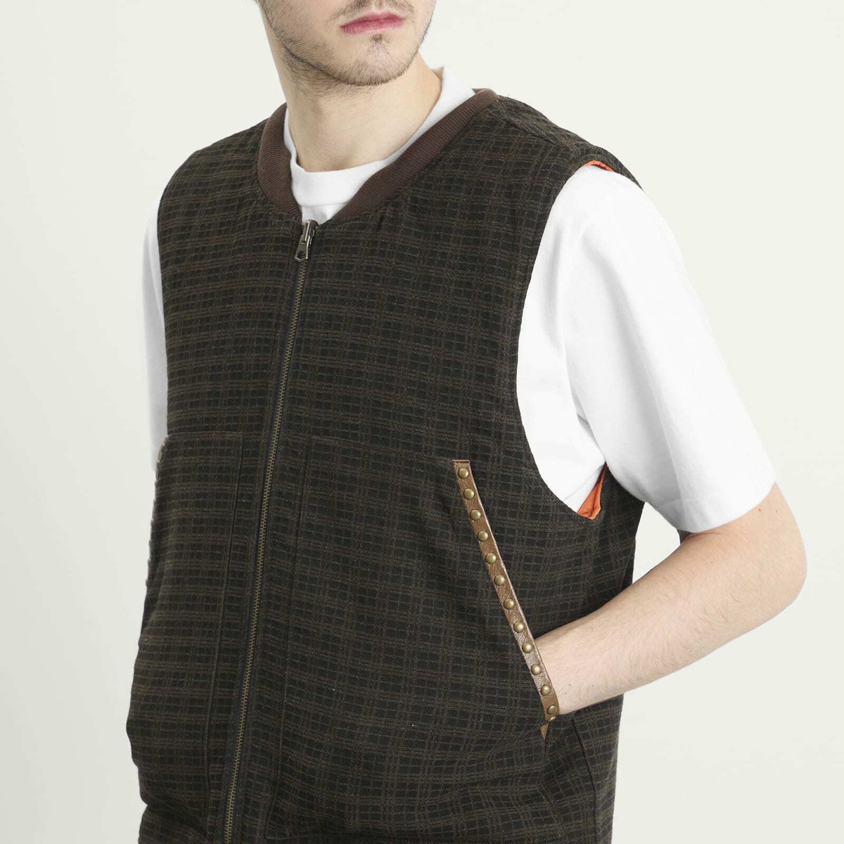 Pleasures Men's Horns Denim Vest in Brown Plaid