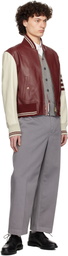 Thom Browne Burgundy & Off-White Classic 4 Bar Leather Bomber Jacket