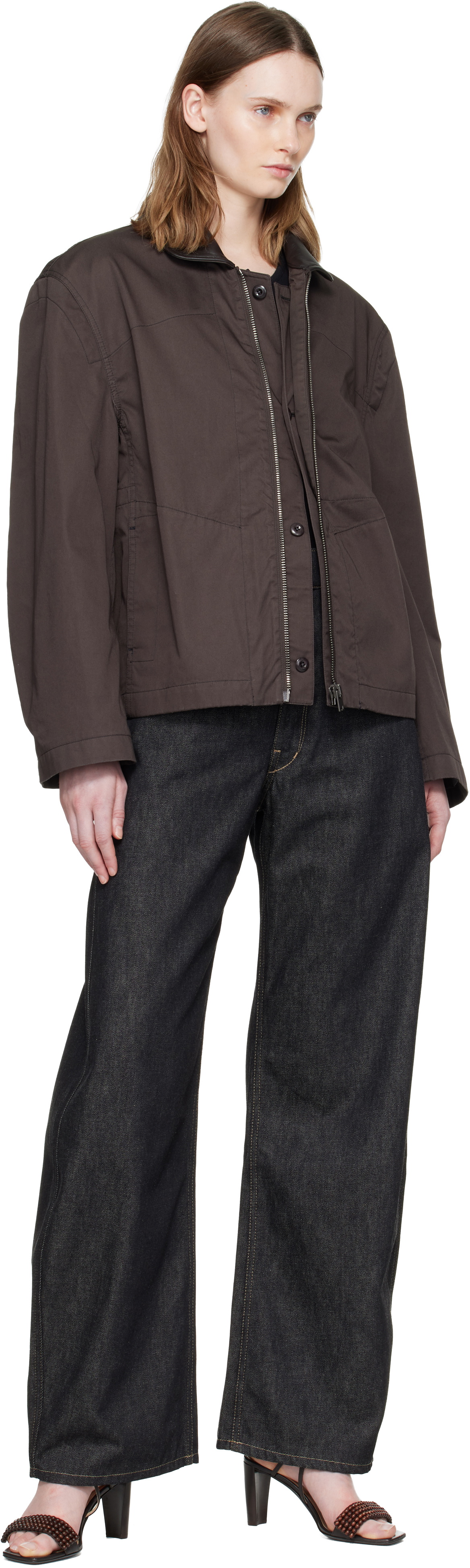 LEMAIRE Brown Leather Collar Cotton Twill Blouson Jacket