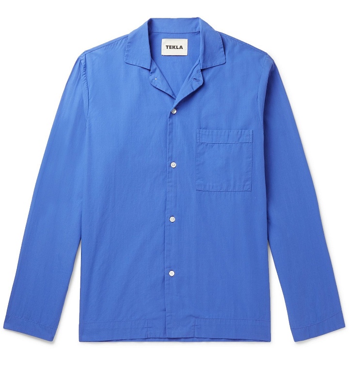 Photo: TEKLA - Camp-Collar Organic Cotton-Poplin Pyjama Shirt - Blue