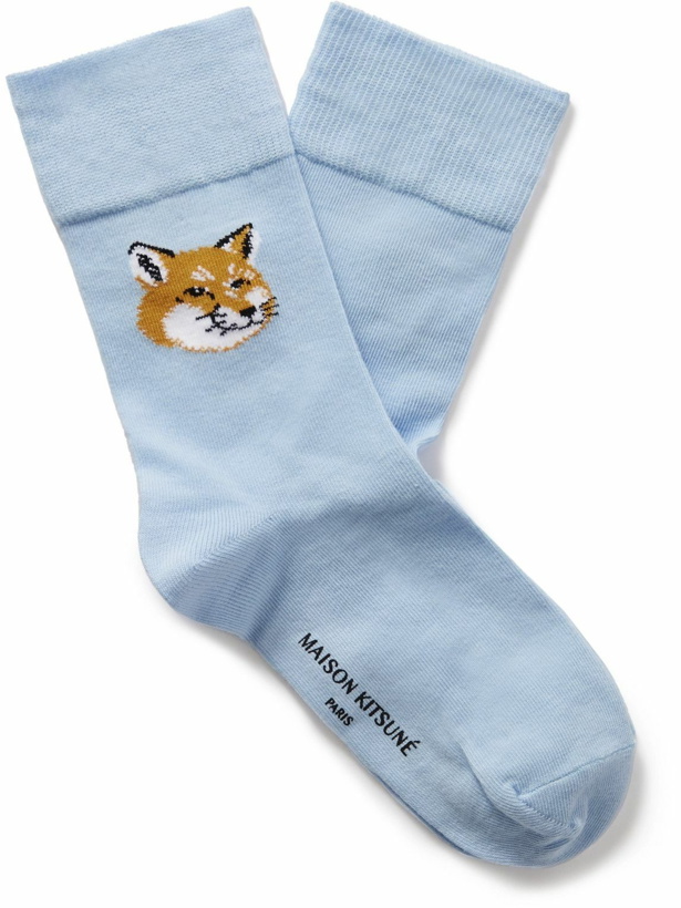 Photo: Maison Kitsuné - Logo-Jacquard Stretch Cotton-Blend Socks - Blue