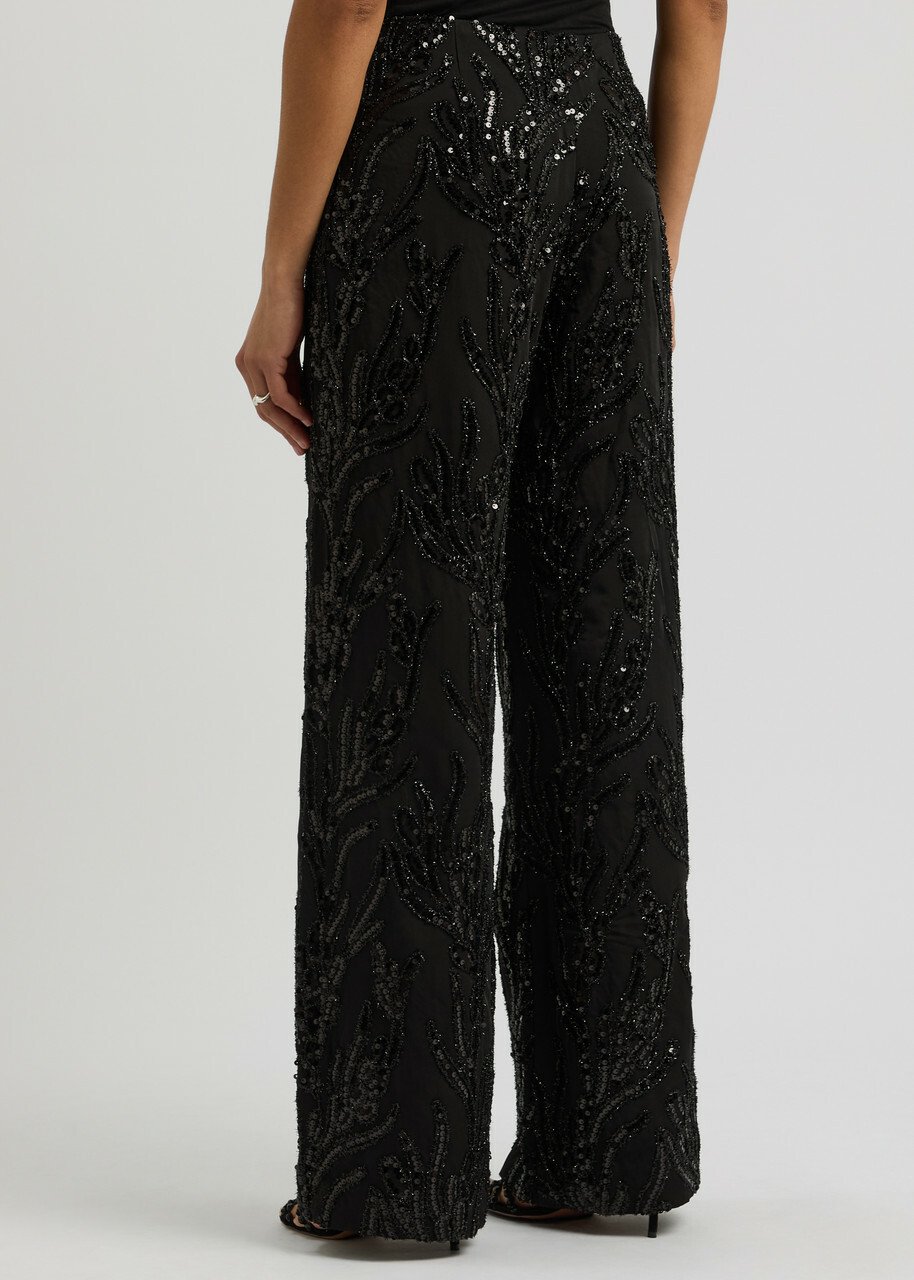 Stine Goya Sequin-embellished Wide-leg Twill Trousers Black