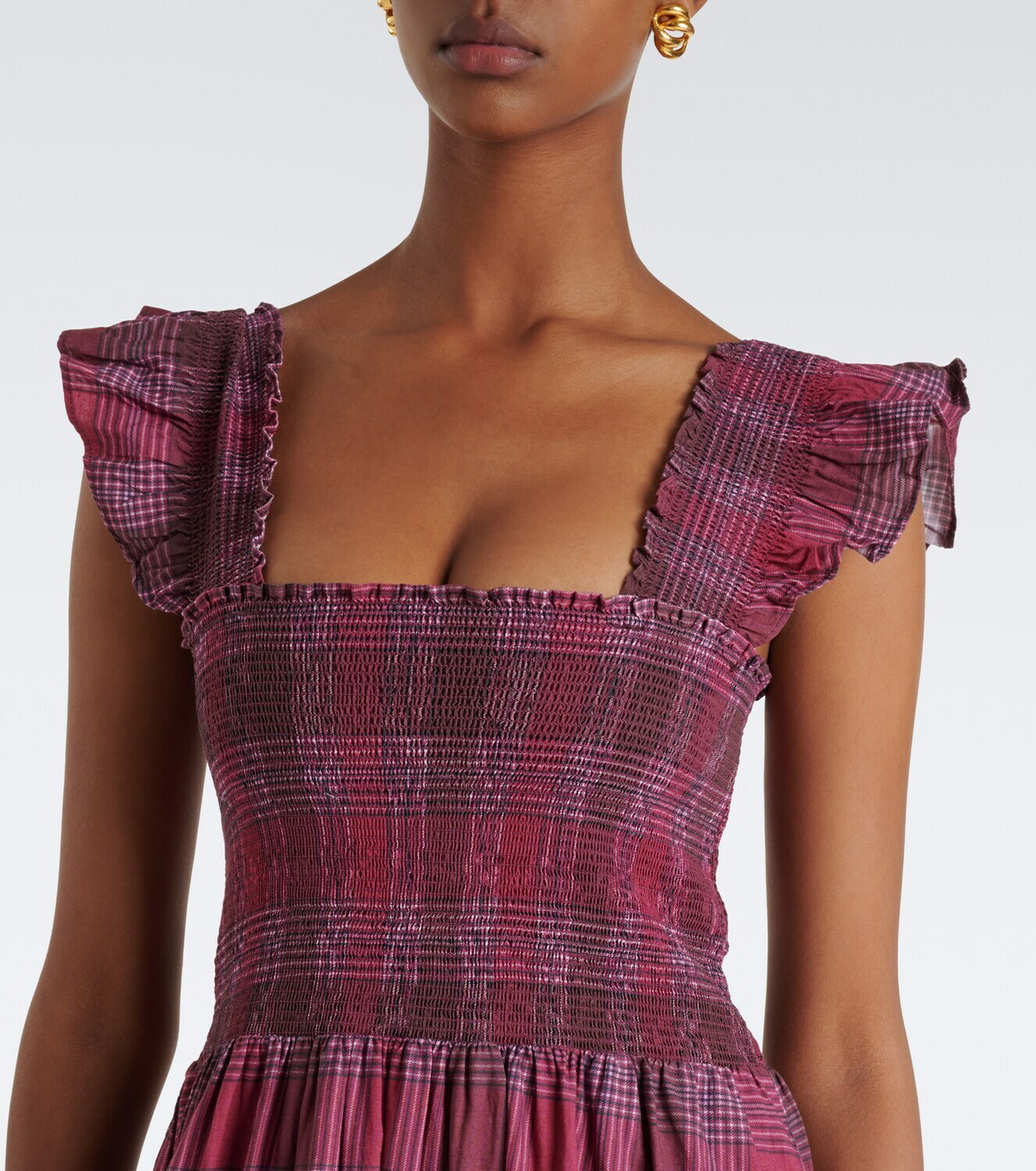 Rixo Kendall shirred plaid cotton maxi dress