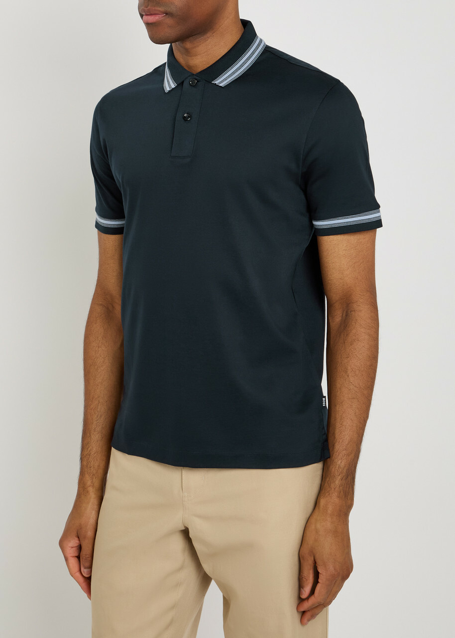 Boss Striped Trims Cotton Polo Shirt Navy