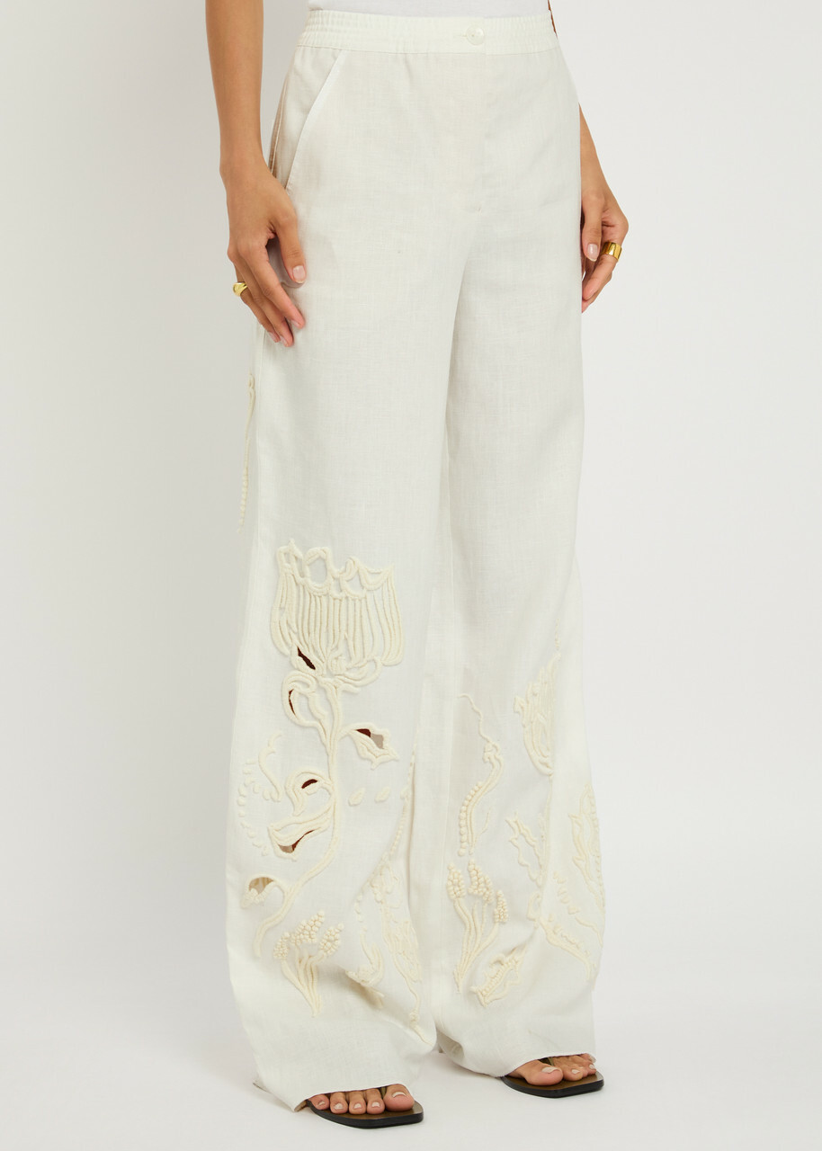 Dorothee Schumacher Embroidered Beauty Straight-leg Linen Trousers Off White